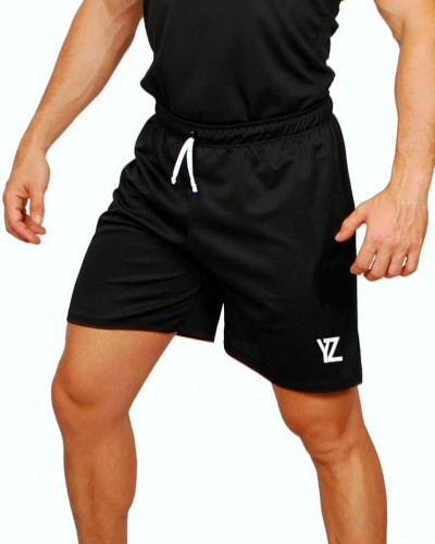 Short de sport noir avec logo Yalouz blanc - Ceinture élastique avec cordon blanc de serrage.