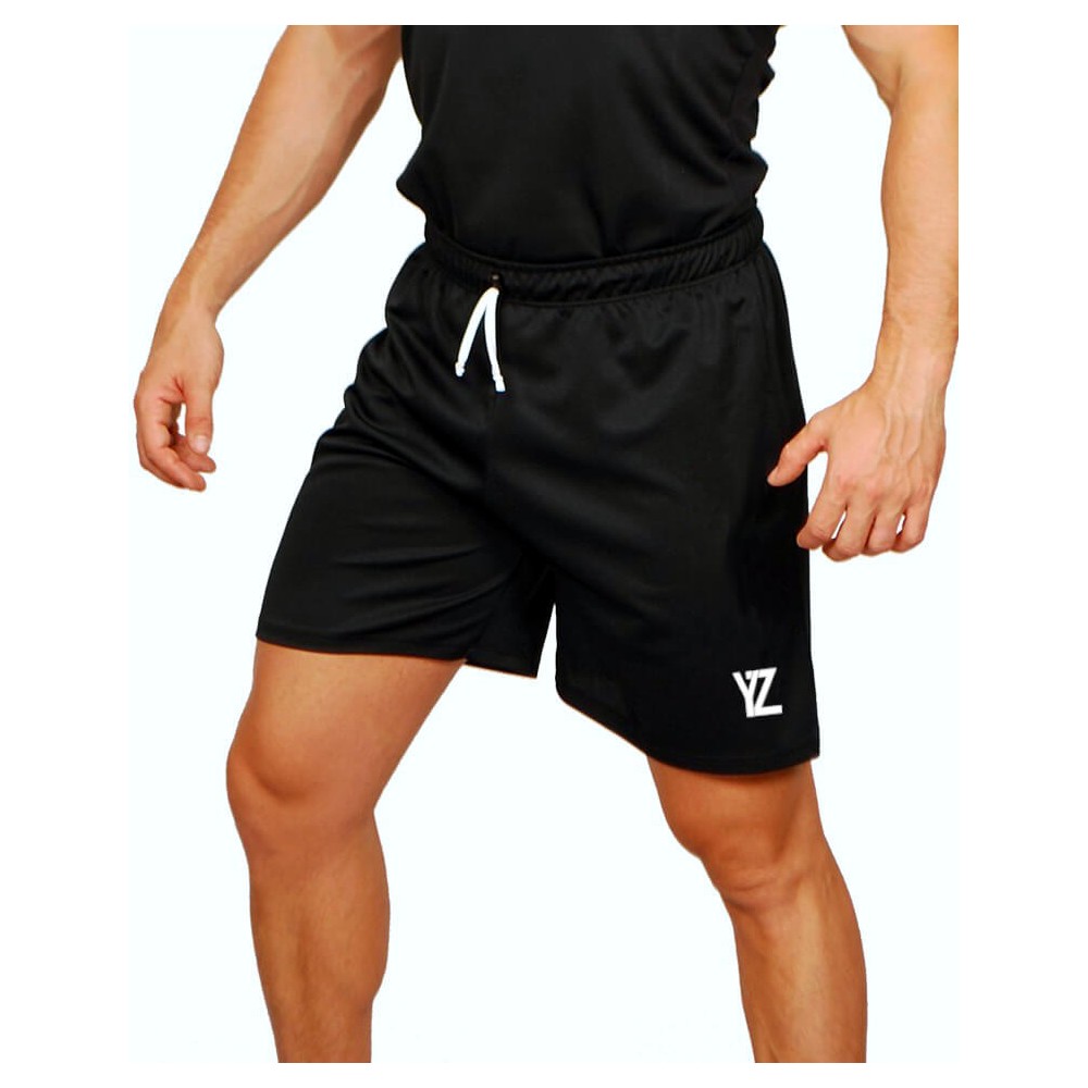 Short de sport noir avec logo Yalouz blanc - Ceinture élastique avec cordon blanc de serrage.